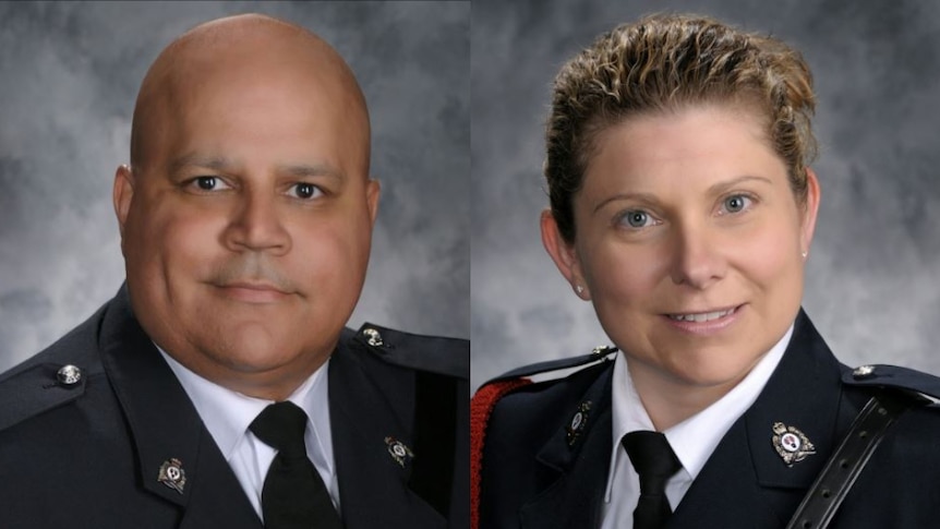 A composite image of two police officers who were killed in a shooting in Canada.