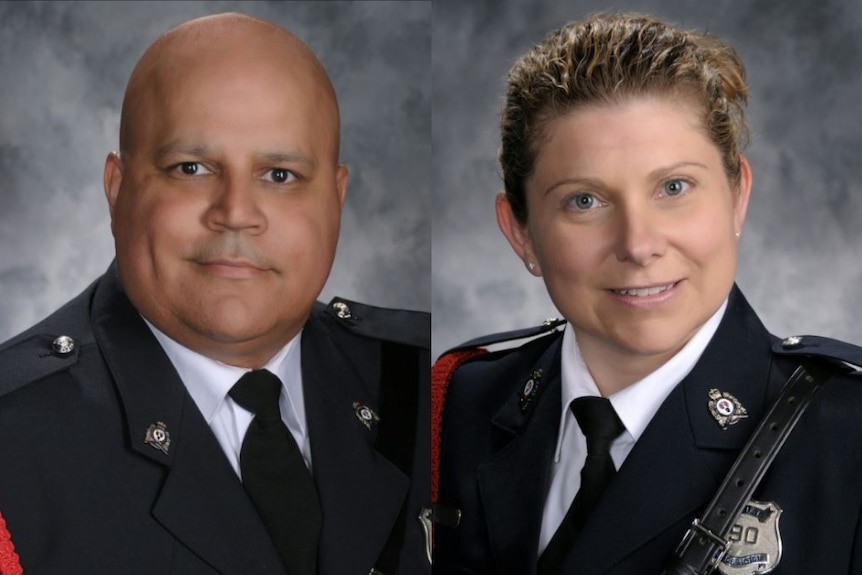 A composite image of two police officers who were killed in a shooting in Canada.