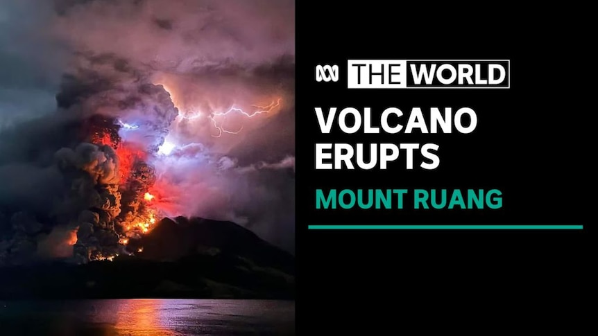 Volcano Erupts, Mount Ruang: A volcano erupts against a backdrop of lightning, with a plume of ash extending into the sky.