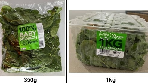 Two packets of Riviera Farms Baby Spinach - a 350gram and one kilogram pack, with visible labels.