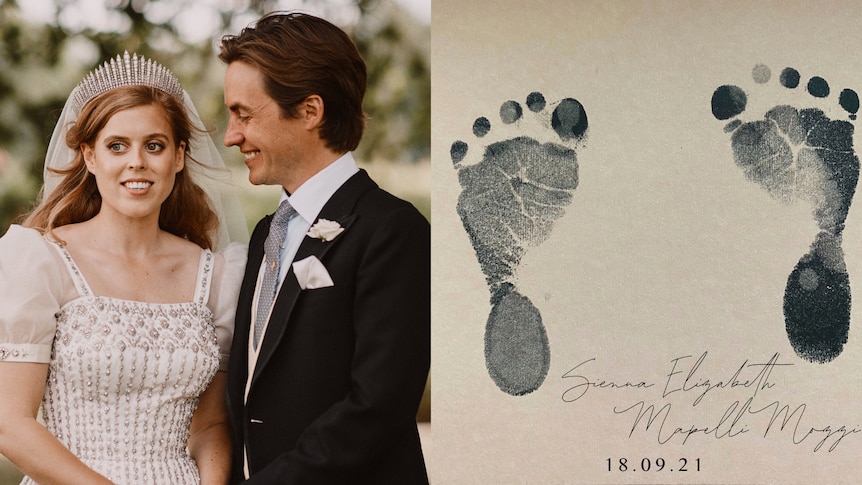A composite, wedding photo of Princess Beatrice and Edoardo Mapelli Mozzi with baby footprints in ink 