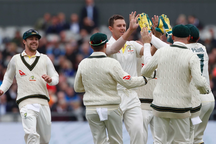 Josh Hazlewood gets a high ten from Tim Paine as teammates gather around.