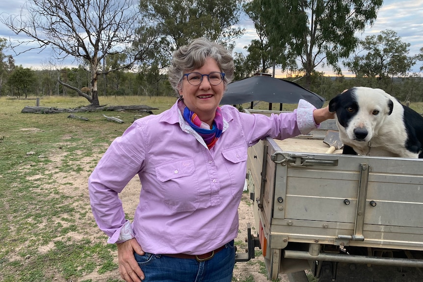 Mid shot of a woman patting a dog in the back of the ute