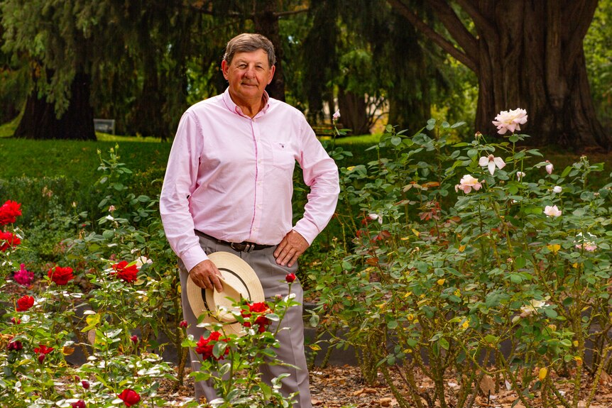 A man with short brown hair, wearing a pink shirt, standing in front of rose bushes and trees.