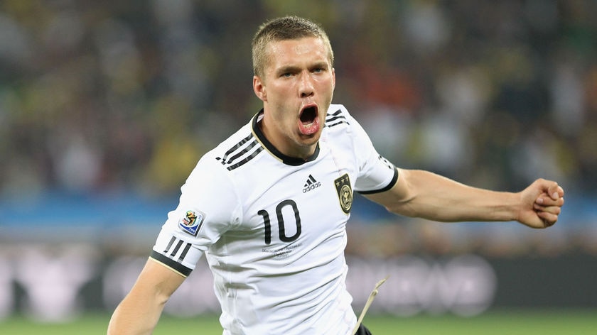 Germany striker Lukas Podolski opens the scoring.