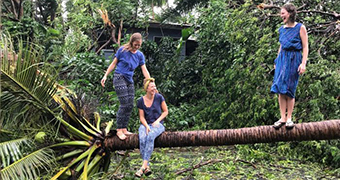 Three women stand on a fallen coconut palm.
