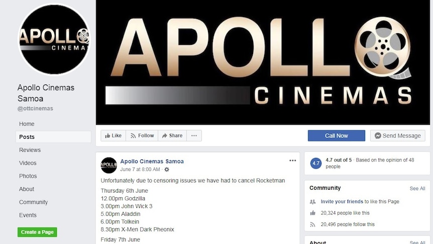 A screenshot showing Apollo Cinemas' Facebook post saying Rocketman has to be cancelled.
