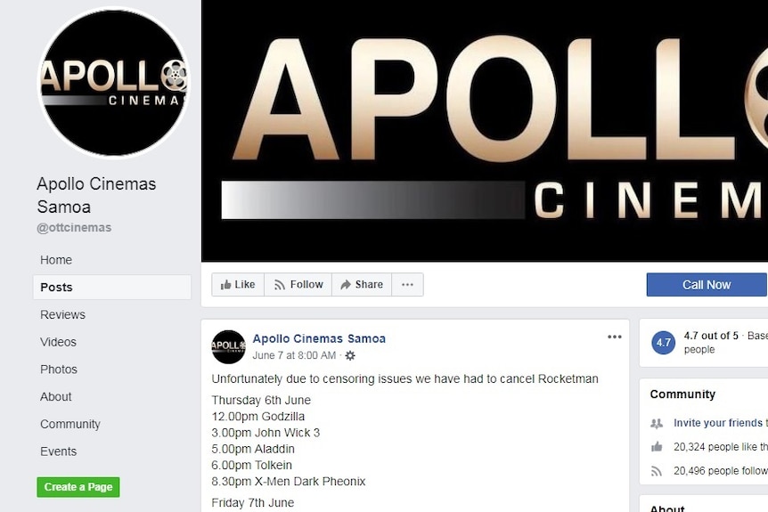 A screenshot showing Apollo Cinemas' Facebook post saying Rocketman has to be cancelled.