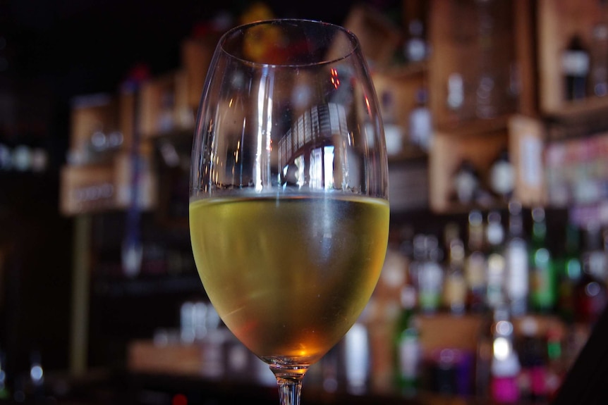A wine glass containing white wine sitting on a bar.
