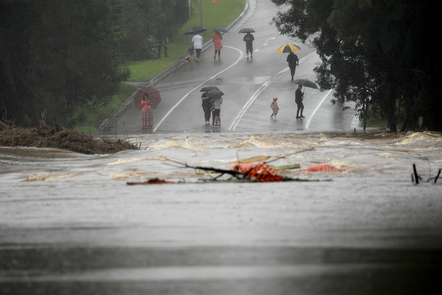 People with umbrellas watch from far away as debris swirls in floodwaters on a road