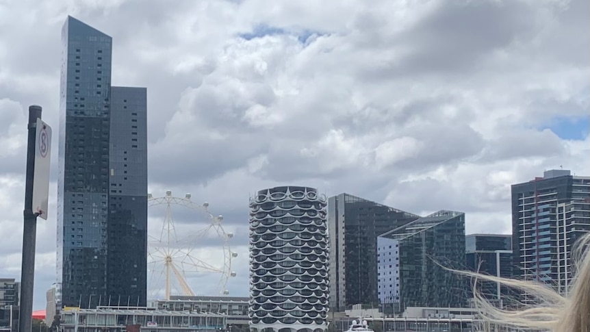A number of skyscrapers and a tall ferris wheel stand in front of a cloudy sky