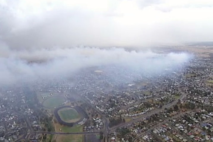 An image from helicopter footage shows a huge haze of smoke floating across Morwell.