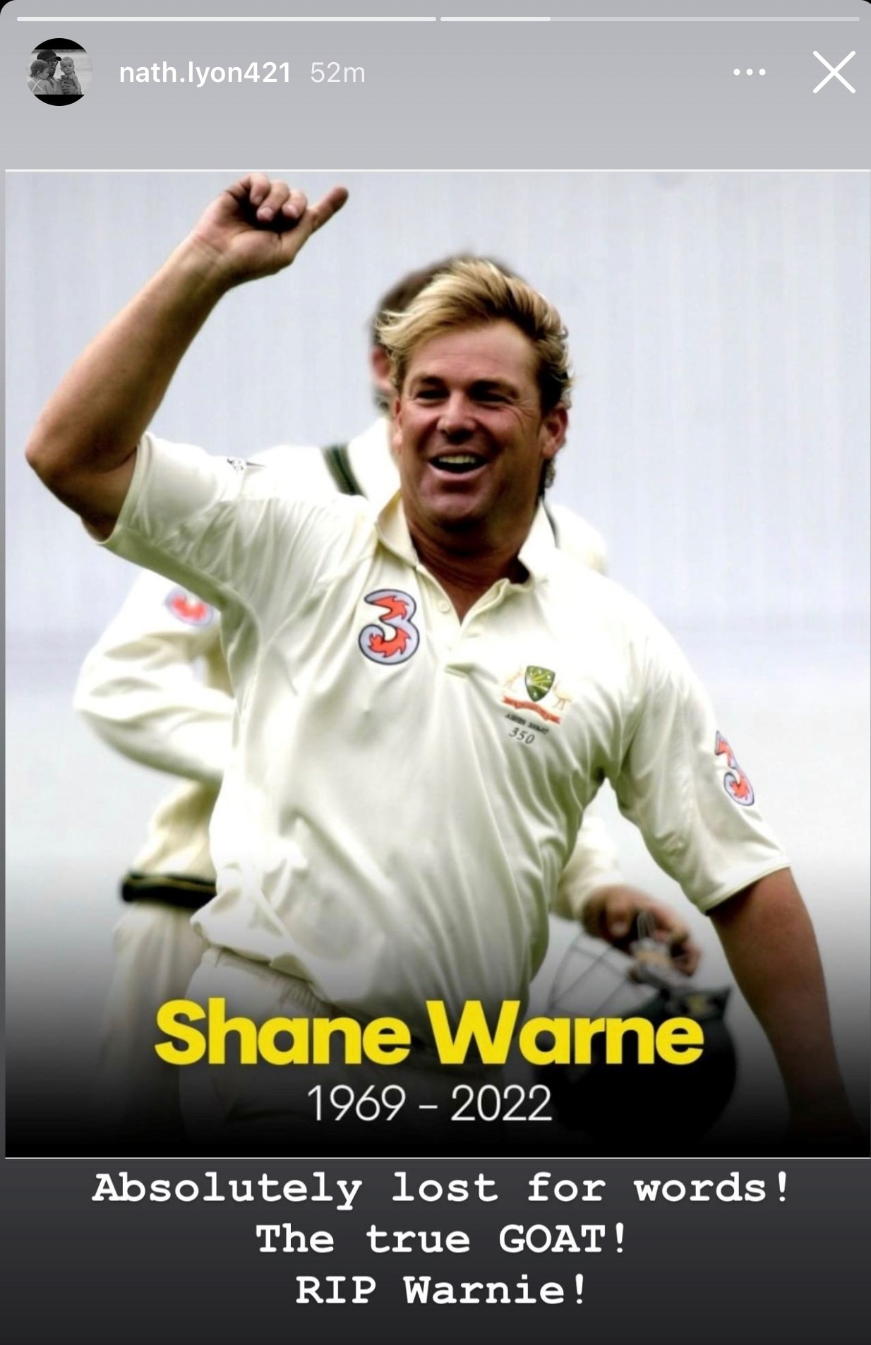 A screenshot of an Instagram story with a photo of Shane Warne bowling with text that reads 'absolutely lost for words.'