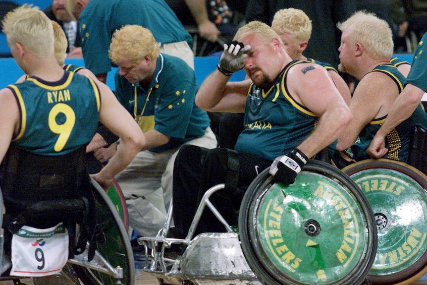 Australia's George Hucks reacts after loss to US in Sydney Paralympics wheelchair rugby final.