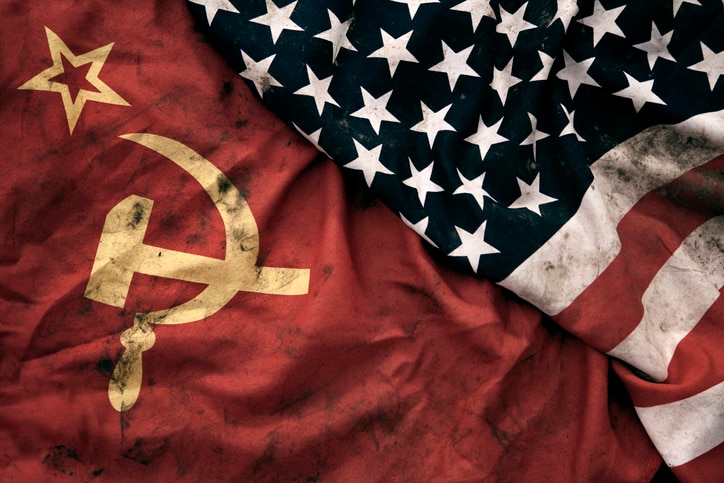 graphic of former USSR flag alongside US flag