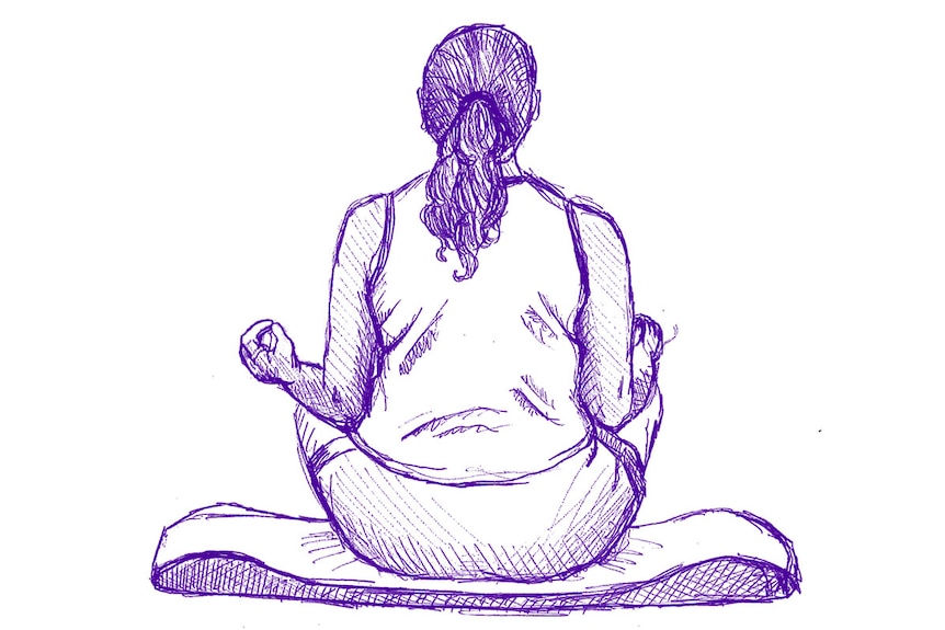 A blue-and-white illustration of the back of a woman sitting in meditation pose a self care technique to help stressed teachers.