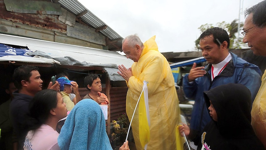 Pope Francis visits Typhoon Yolanda victims on the island of Leyte, the Philippines