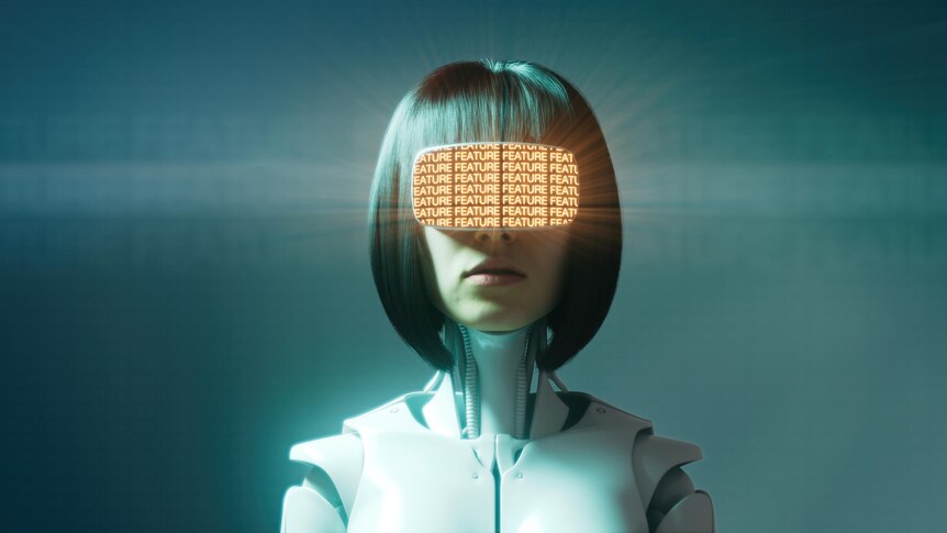 Digital artwork of a robot woman. You can see her robot shoulders and neck, with a human face, covered by a VR headset. 