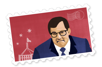 Illustration showing MP Ed Husic on a red postage stamp.