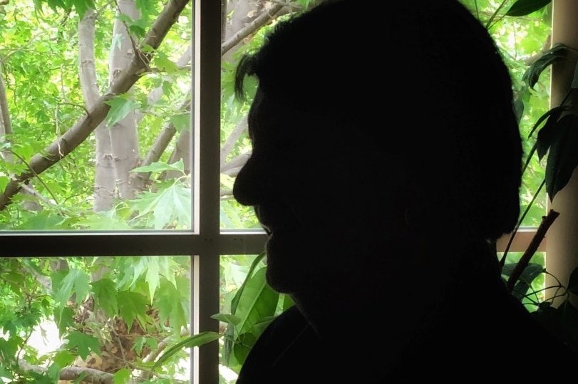 The silhouette of a woman against a backdrop of greenery.