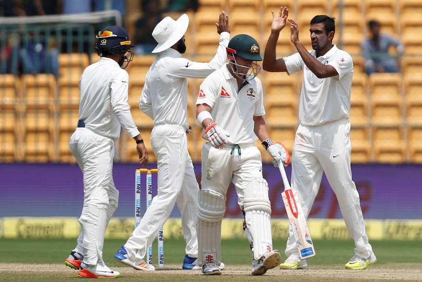 Ravi Ashwin and his team-mates congratulate each other on David Warner's dismissal.
