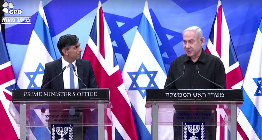 British Prime Minister Rishi Sunak speakling alongside Israeli Prime Minister Benjamin Netanyahu.