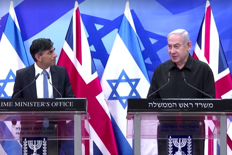 British Prime Minister Rishi Sunak speakling alongside Israeli Prime Minister Benjamin Netanyahu.
