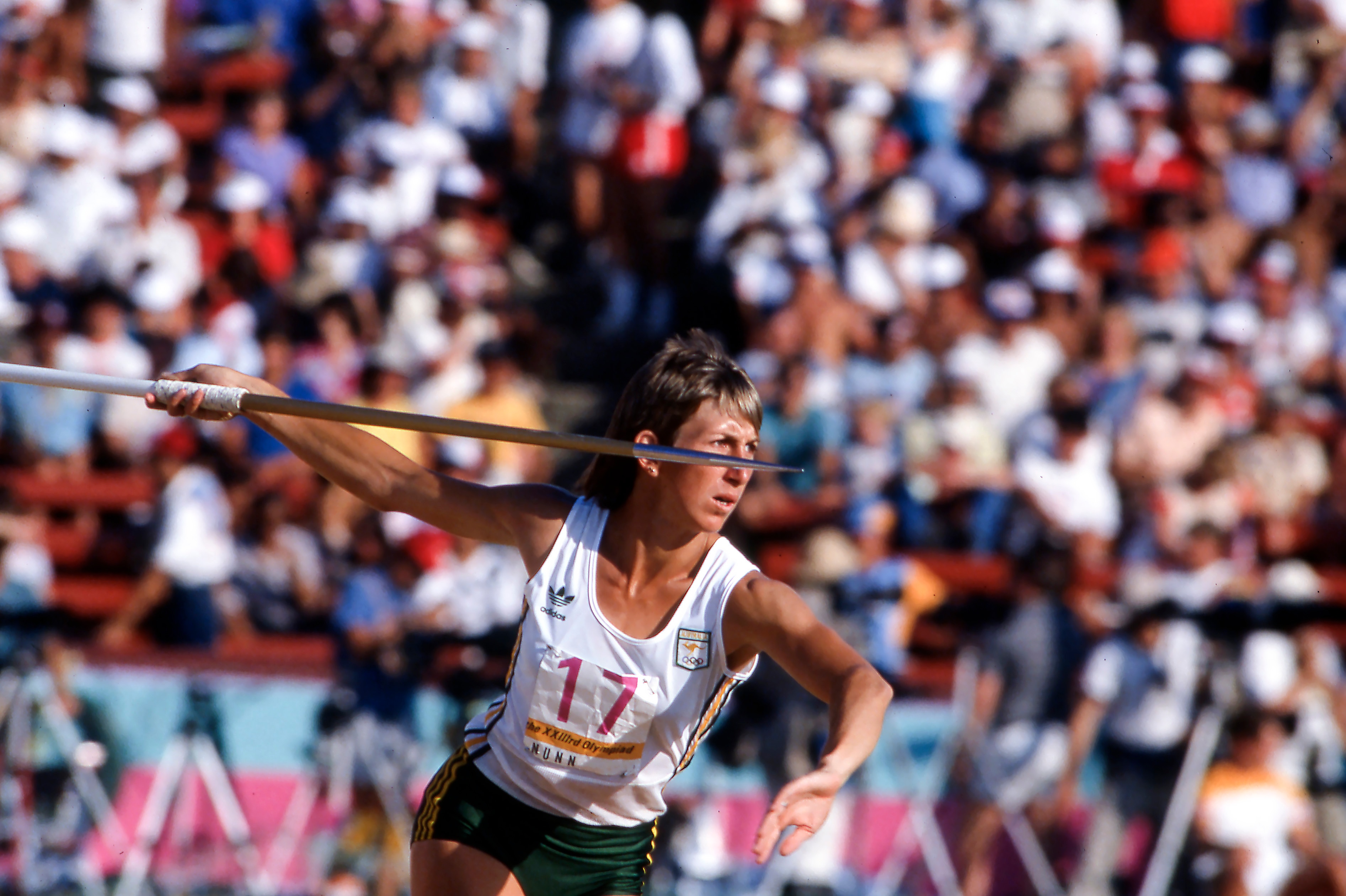 Australia's Glynis Nunn winds up with a javelin in the 1984 Olympic Games heptathlon.