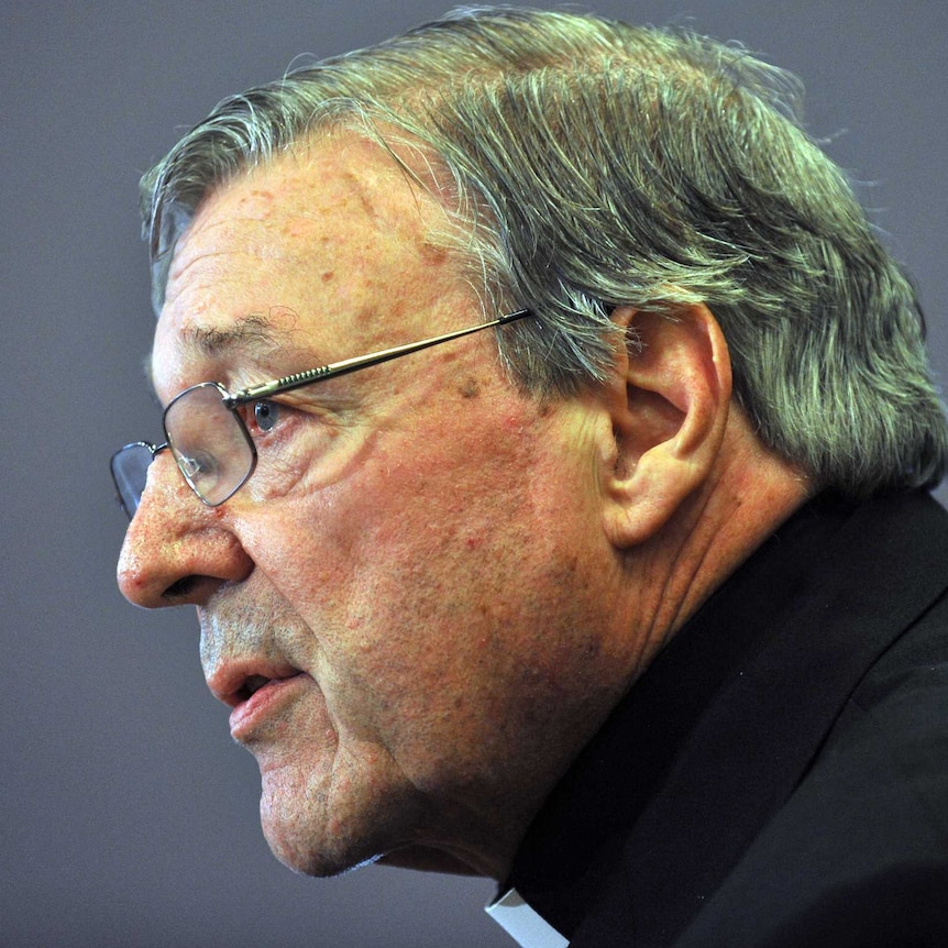 A side profile shot of Cardinal George Pell - his face taking up most of the image.