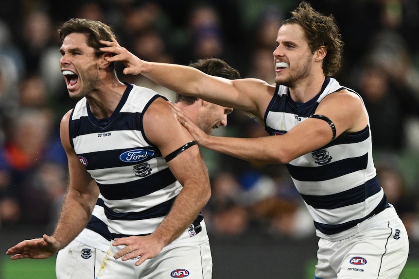 Two Geelong AFL players celebrate a goal against Carlton.