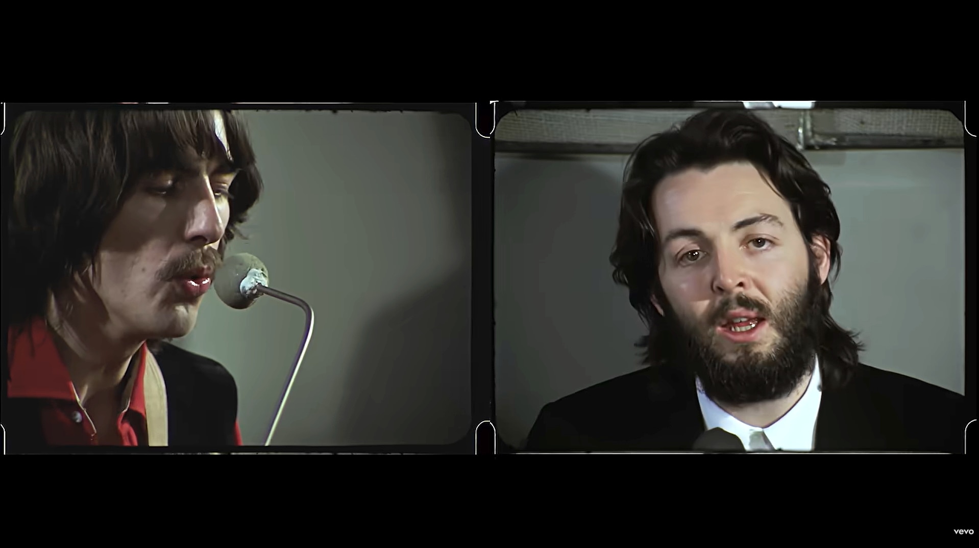 Two dark-haired men — George Harrison and Paul McCartney — singing in a vocal booth.