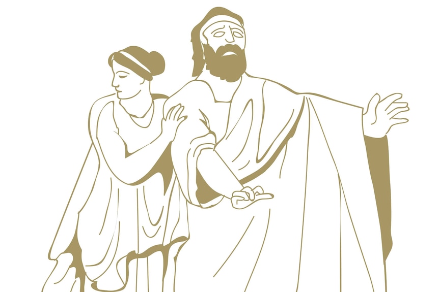 Digital brown-and-white illustration of Greek mythological figures in robes.