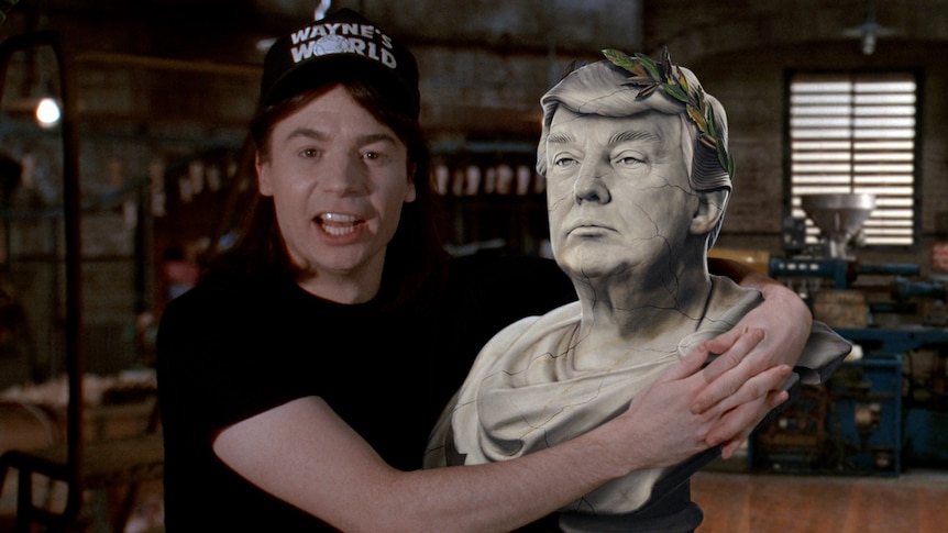 A film still from Wayne's World, of a man in a cap, hugs a Roman-style bust of Donald Trump
