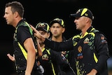 Australian players celebrate a Sri Lankan wicket in the men's T20 international.