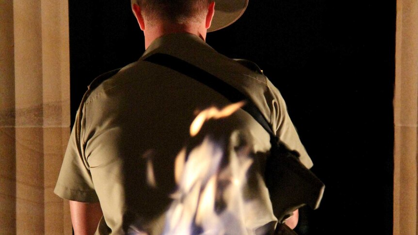 A member of the Catafalque Party stands in the Cenotaph in Brisbane