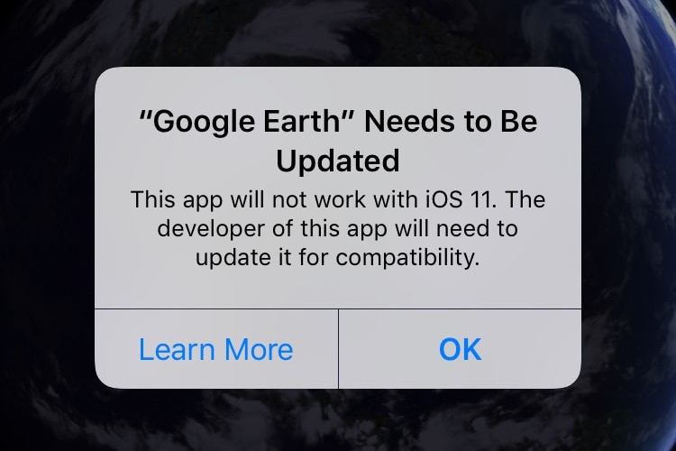 A warning message on on iPhone screen saying the app that will need to be updated to work with iOS 11.