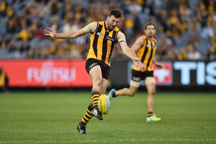 Jack Fitzpatrick boots a goal for Hawthorn