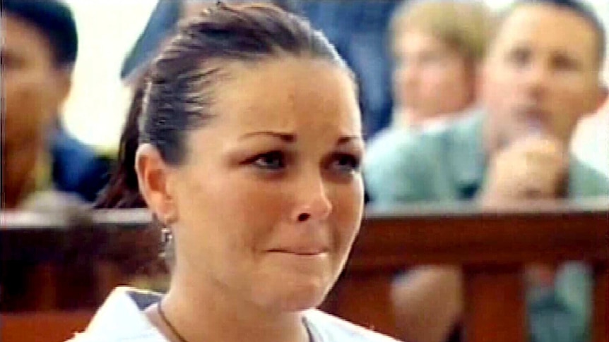 Close up of an emotional Schapelle Corby as she faces court in Denpasar.
