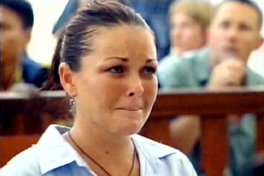 Close up of an emotional Schapelle Corby as she faces court in Denpasar.