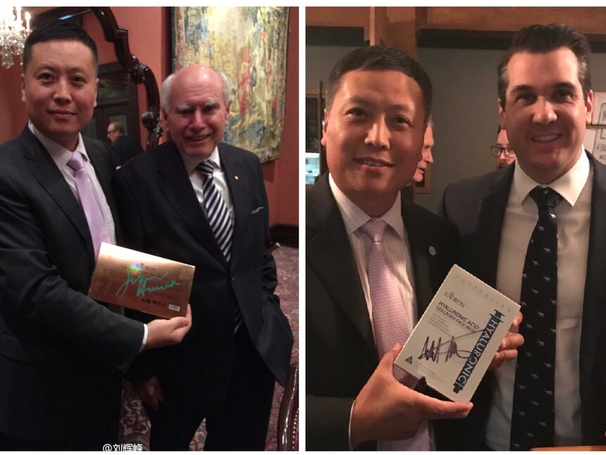 Haha Liu shows off cosmetic products autographed by John Howard and Michael Sukkar