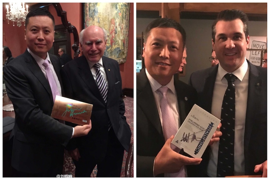 Haha Liu shows off cosmetic products autographed by John Howard and Michael Sukkar