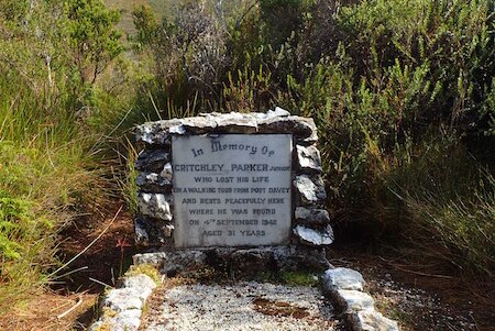 Photograph of a grave in the Tasmanian wilderness In memory of Critchley Parker