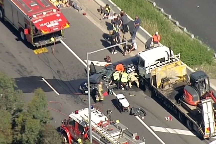 An aerial shot of emergency services at a serious smash in Fawkner.