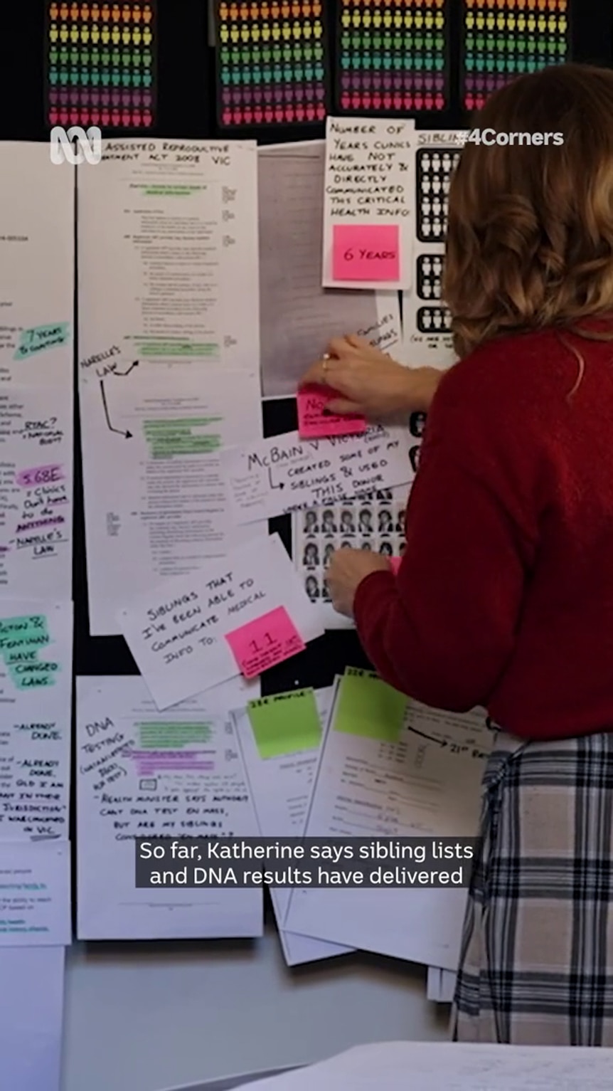 Somebody in women's clothes faces away from the camera fiddling with documents displayed on a whiteboard