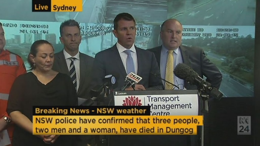 NSW Premier Mike Baird urges caution as three die in wild weather
