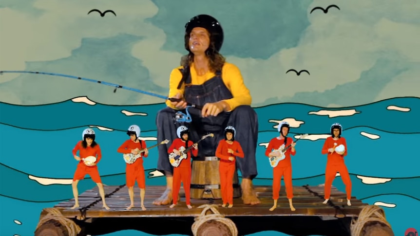 A still from King Gizzard and the Lizard Wizard's 2019 music video for 'Fishing For Fishies'