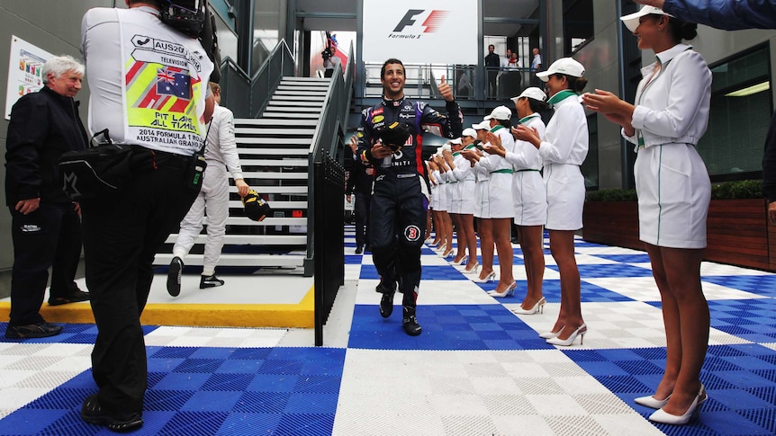 Red Bull's Daniel Ricciardo celebrates after coming over the line second at Australian Grand Prix.