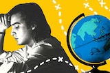 Illustration of person with head on hand and globe in the background for a story about Australians who've never travelled.
