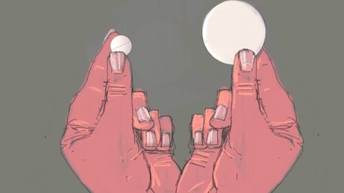 An illustration shows a woman's hands holding a pill.