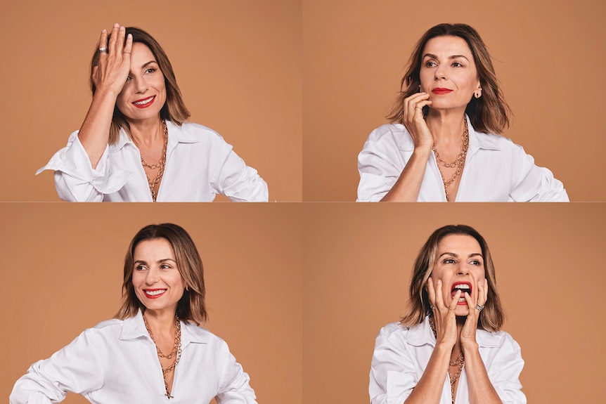 Collage of four images of Mary Coustas pulling different facial expressions